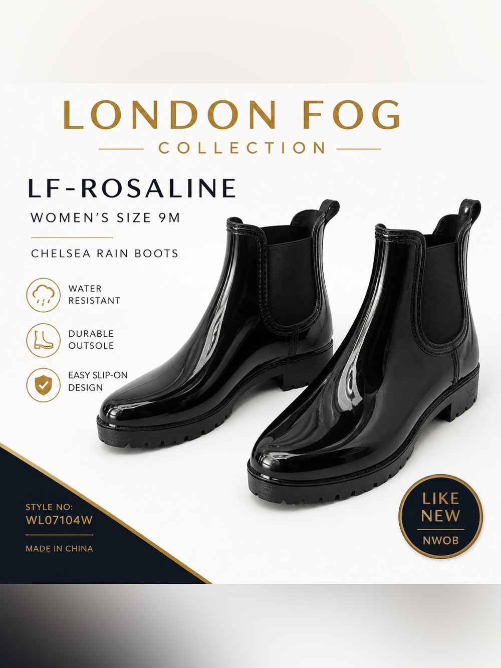 London Fog Rosaline Black Gloss Chelsea Boots Size 9M NWOB